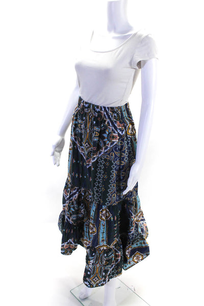 Cara Cara Women's Cotton Abstract Print Gathered A-Line Skirt Blue Size S