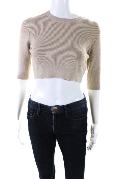 Live the Process Womens Ribbed Cropped Sweater Beige Cotton Size Medium