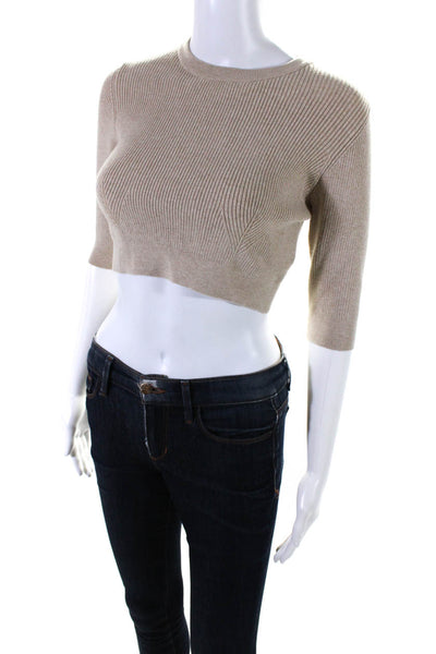 Live the Process Womens Ribbed Cropped Sweater Beige Cotton Size Medium