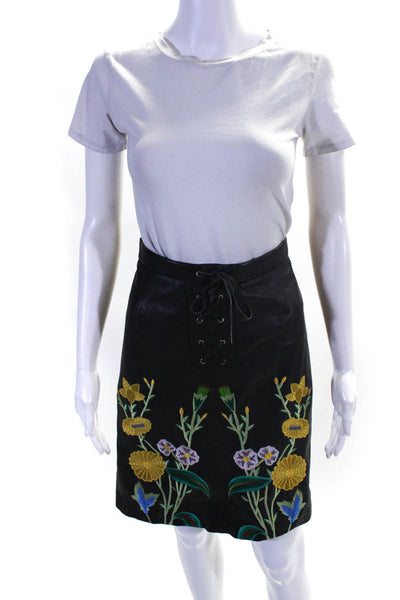 Topshop Womens Floral Embroidered Lace Up Zip Closure A-Line Skirt Black Size S