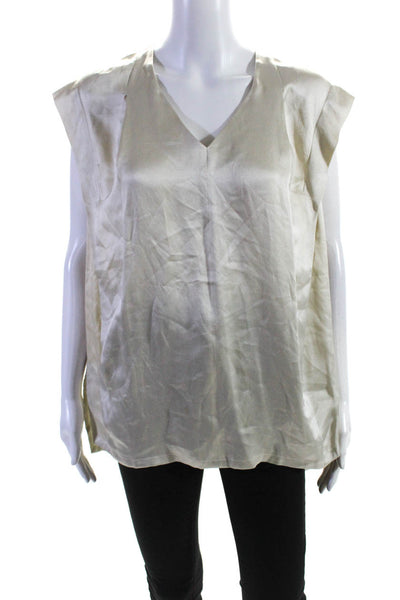 Pas De Calais Women's Silk V-Neck Pleated Short Sleeve Blouse White Size 38