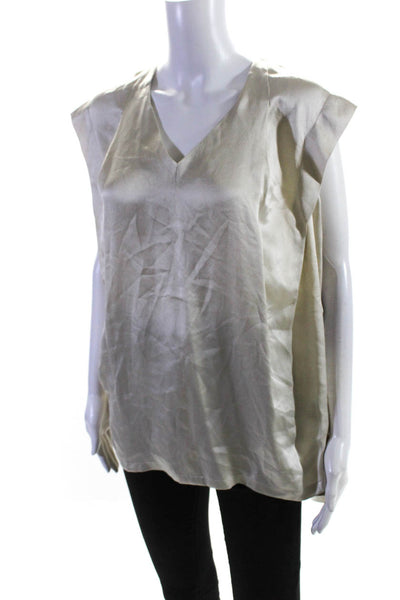 Pas De Calais Women's Silk V-Neck Pleated Short Sleeve Blouse White Size 38