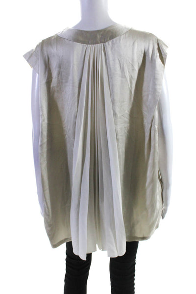 Pas De Calais Women's Silk V-Neck Pleated Short Sleeve Blouse White Size 38