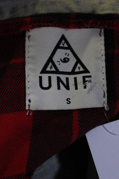 UNIF Women's Distressed Sleeveless Plaid Jean Jacket Vest Acid Wash Blue Size S