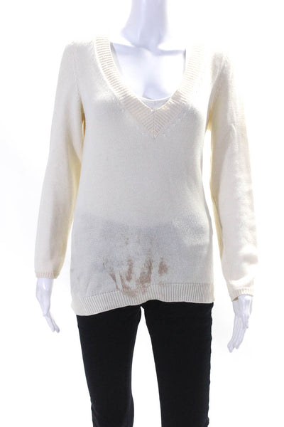 Rivamonti Womens Pullover Sequin Trim V Neck Sweater White Wool Size Small