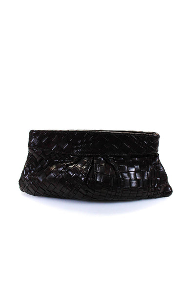Lauren Merkin Womens Leather Woven Pleated Clutch Handbag Dark Brown