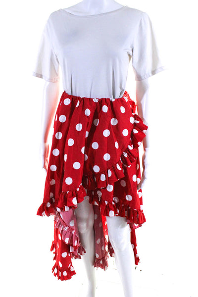 Caroline Constas Womens Elastic Waistband Ruffle Polka Dot Skirt Red White Small