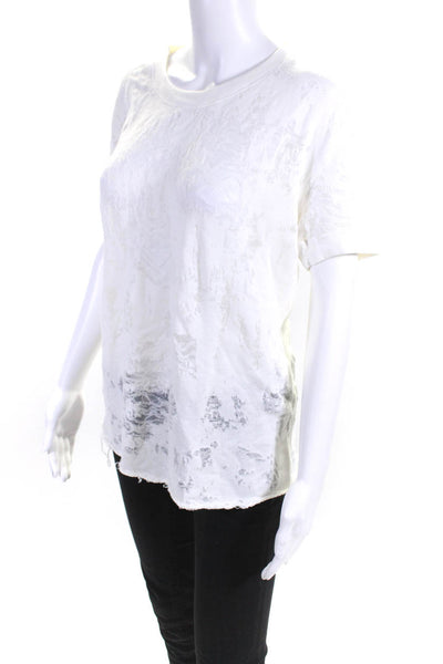 IRO Jeans Womens Distressed Round Neck Short Sleeve Shirt Top White Size L