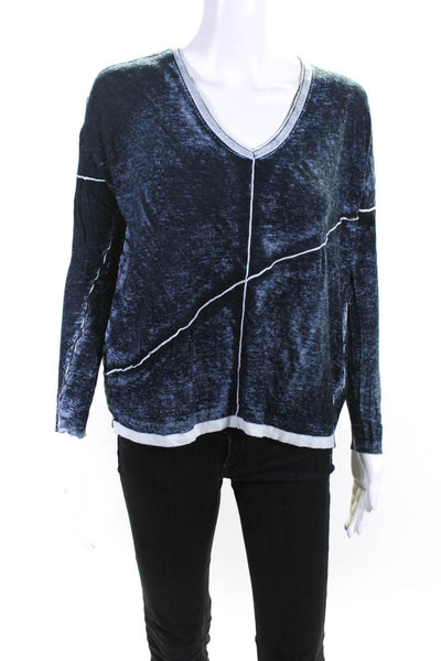 Kokun Womens Acid Washed V Neck Boxy Sweater Navy Blue Bamboo Cashmere Size XS/S