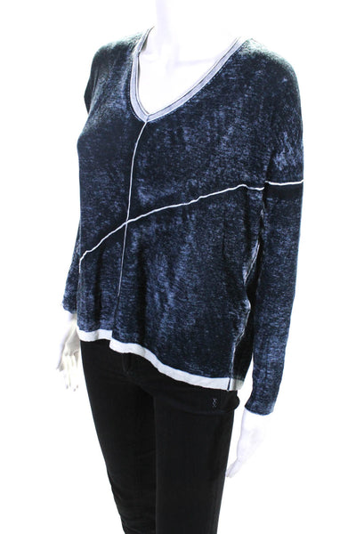 Kokun Womens Acid Washed V Neck Boxy Sweater Navy Blue Bamboo Cashmere Size XS/S