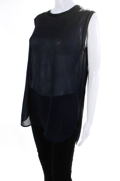 Vince Women's Sleeveless Sheer Round Neck Blouse Navy Blue Size S