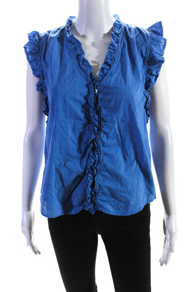 Stark Womens Cotton Ruffled V-Neck Short Sleeve Buttoned Top Blue Size M