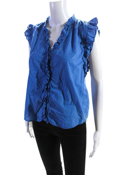 Stark Womens Cotton Ruffled V-Neck Short Sleeve Buttoned Top Blue Size M