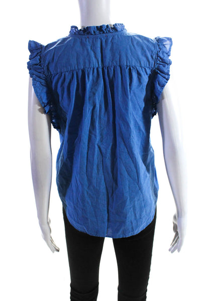 Stark Womens Cotton Ruffled V-Neck Short Sleeve Buttoned Top Blue Size M