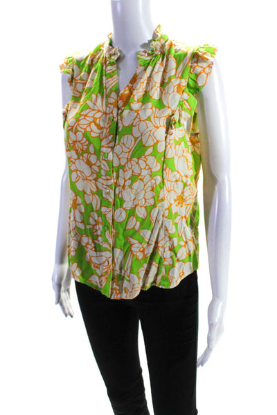 Flora Bea NYC Womens Floral Buttoned-Up Ruffled Short Sleeve Top Green Size M