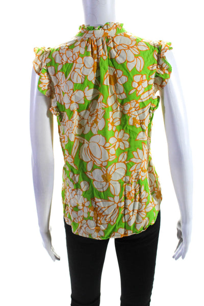Flora Bea NYC Womens Floral Buttoned-Up Ruffled Short Sleeve Top Green Size M