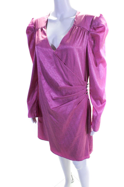 Wayf Womens Rhinestone Accent Pleated V Neck Long Sleeved Dress Pink Size L