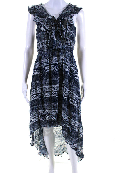 Tularosa Womens Abstract Print V Neck A Line Maxi Dress Blue White Size Small