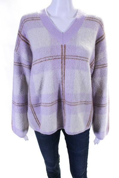 Rails Womens Knit Plaid V-Neck Long Sleeve Pullover Sweater Purple Size S