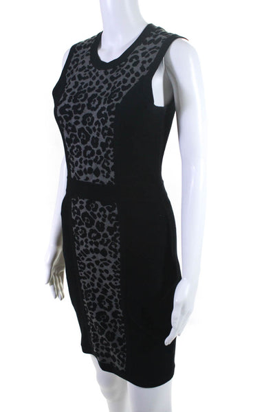 Milly Womens Leopard Print Knit Sleeveless Sheath Dress Black Gray Size Medium