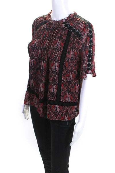 Daniel Rainn Women's Short Sleeve Embroidered Floral Print Blouse Red Size S