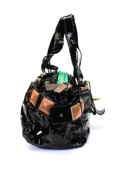Chloe Womens Double Handle Zip Top Studded Trim Patent Shoulder Handbag Brown