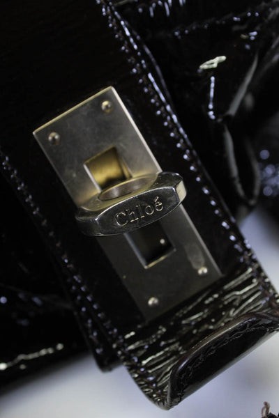 Chloe Womens Double Handle Zip Top Studded Trim Patent Shoulder Handbag Brown