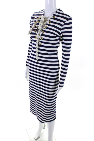 House of Holland Women's Striped Long Sleeve Lace Up Sheath Dress Blue Size 6