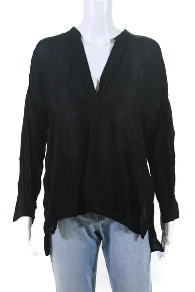 Tina Jo Womens Long Sleeve Crepe Y Neck Top Blouse Black Size Small