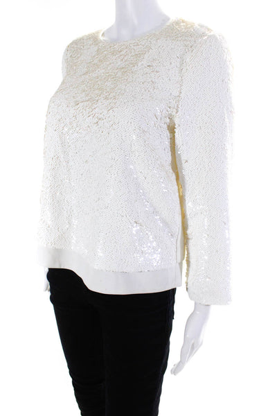 Whistles Womens Sequin Overlay Long Sleeve Crew Neck Blouse Top Ivory Size 6