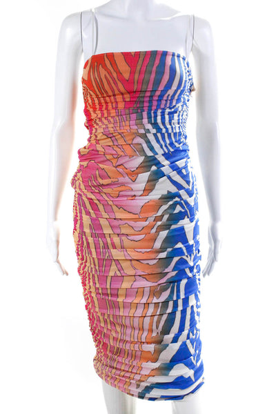 AFRM Womens Mesh Abstract Printed Ruched Midi Sheath Dress Pink Blue Size S