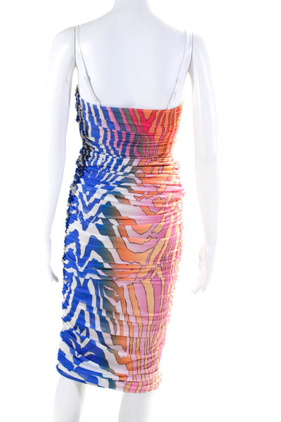 AFRM Womens Mesh Abstract Printed Ruched Midi Sheath Dress Pink Blue Size S