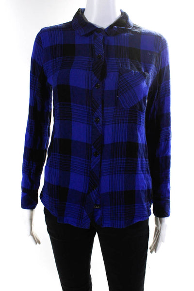 Rails Womens Plaid Print Long Sleeve Button Down Shirt Top Blue Black Size S