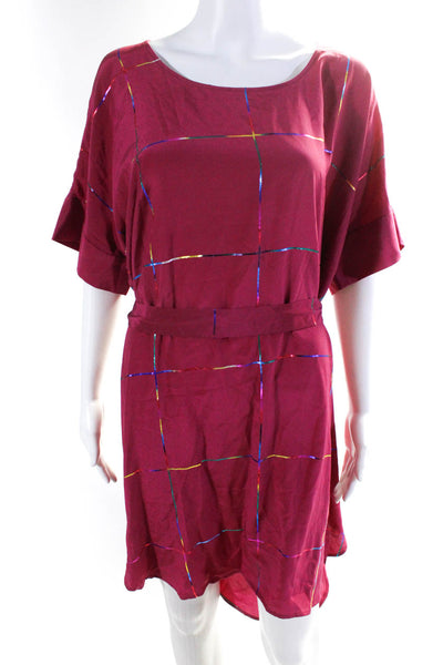 Stine goya Womens Silk Metallic Check Print Split Hem T-Shirt Dress Pink Size XS