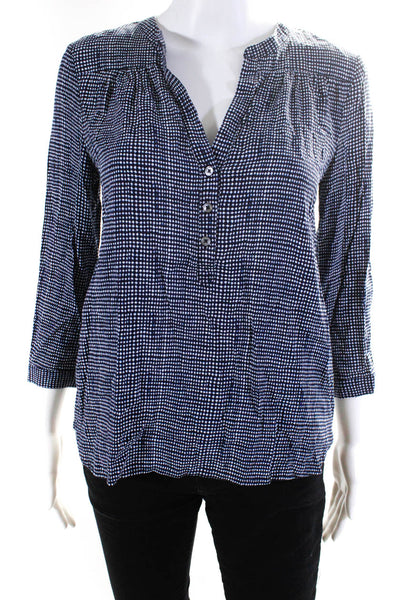 Joie Womens Spotted Print 3/4 Sleeve Henley V-Neck Blouse Top Blue White Size S