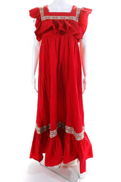 Stella Jean Womens Cotton Ruffled Square Neck Embroidered Maxi Dress Red Size 40