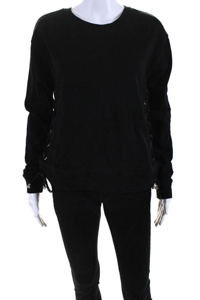 Black Orchid Womens Faux Leather Cord Lace Up Crew Neck Sweatshirt Black Small