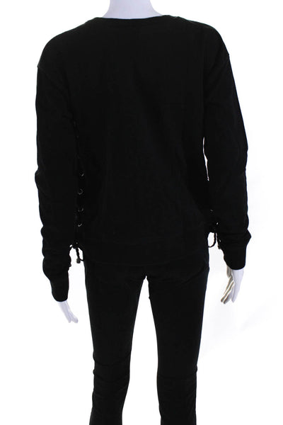 Black Orchid Womens Faux Leather Cord Lace Up Crew Neck Sweatshirt Black Small