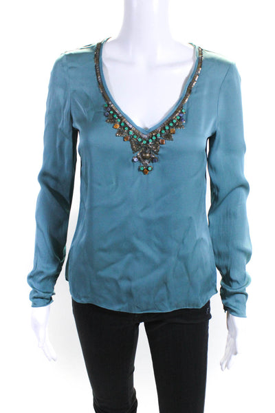 Elie Tahari Womens Silk Charmeuse Beaded V-Neck Long Sleeve Blouse Blue Size XS