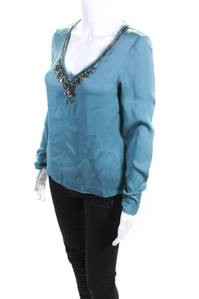 Elie Tahari Womens Silk Charmeuse Beaded V-Neck Long Sleeve Blouse Blue Size XS