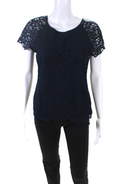 J Crew Womens Cotton Cutout Lace Short Sleeve Fringe Hem Blouse Top Navy Size 2