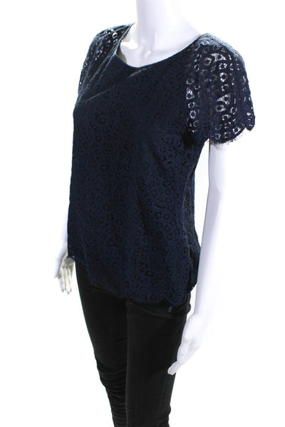 J Crew Womens Cotton Cutout Lace Short Sleeve Fringe Hem Blouse Top Navy Size 2