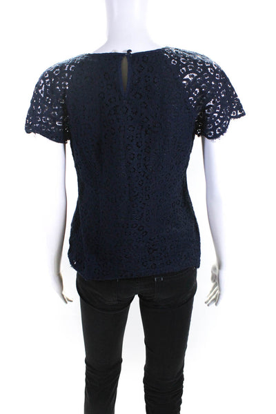 J Crew Womens Cotton Cutout Lace Short Sleeve Fringe Hem Blouse Top Navy Size 2