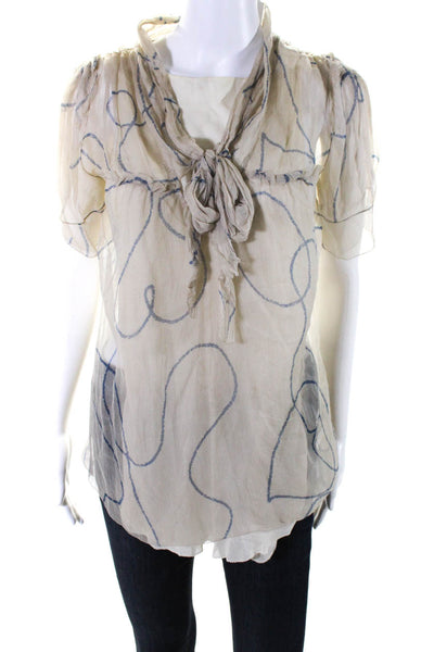 Vera Wang Women's Wool Silk Short Sleeve Abstract Print Blouse Beige Size 4