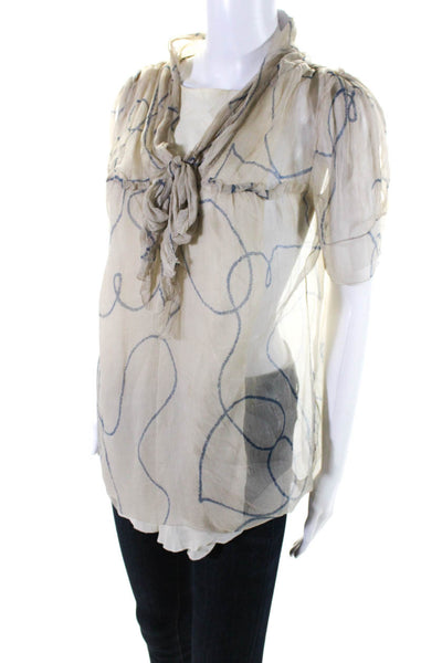 Vera Wang Women's Wool Silk Short Sleeve Abstract Print Blouse Beige Size 4