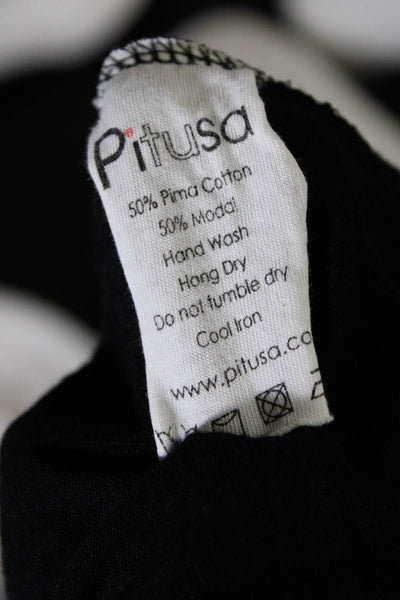 Pitusa Womens Cotton Striped Textured V-Neck Short Sleeve T-Shirt Black Size L