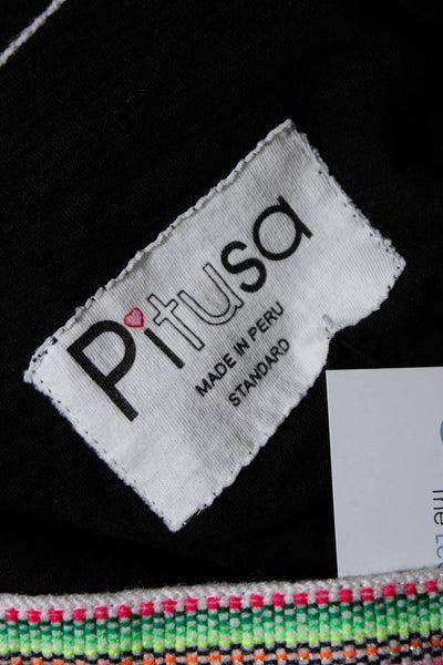 Pitusa Womens Cotton Striped Textured V-Neck Short Sleeve T-Shirt Black Size L