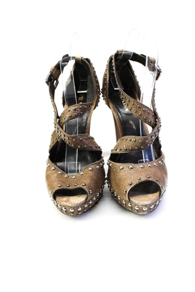 Prada Womens Studded Textured Peep-Toe Ankle Buckle Block Heels Brown Size EUR39