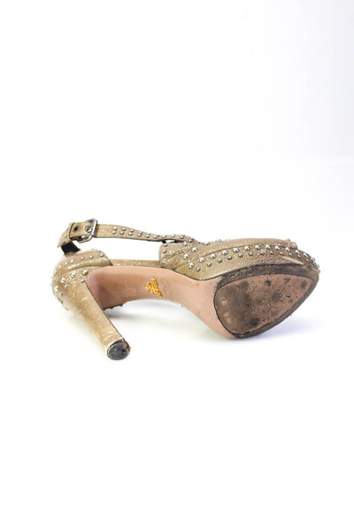 Prada Womens Studded Textured Peep-Toe Ankle Buckle Block Heels Brown Size EUR39