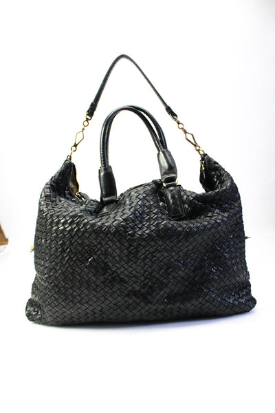 Bottega Veneta Womens Woven Textured Strapped Zipped Shoulder Handbag Black